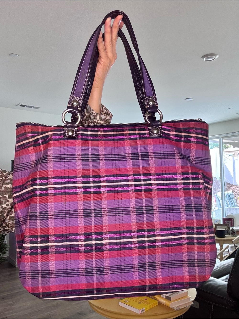 Coach Poppy Glam Purple Tartan Graffiti Tote - Picture 9 of 17